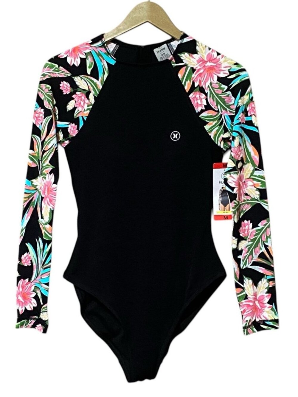 Hurley Black Floral Sleeve One Piece Swimsuit M UPF 50 Back Zip Beach Resort NWT